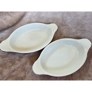 Bel-Terr USA 2528 Vintage Oval Au Gratin Dishes Brown White Set of 2 Ceramic